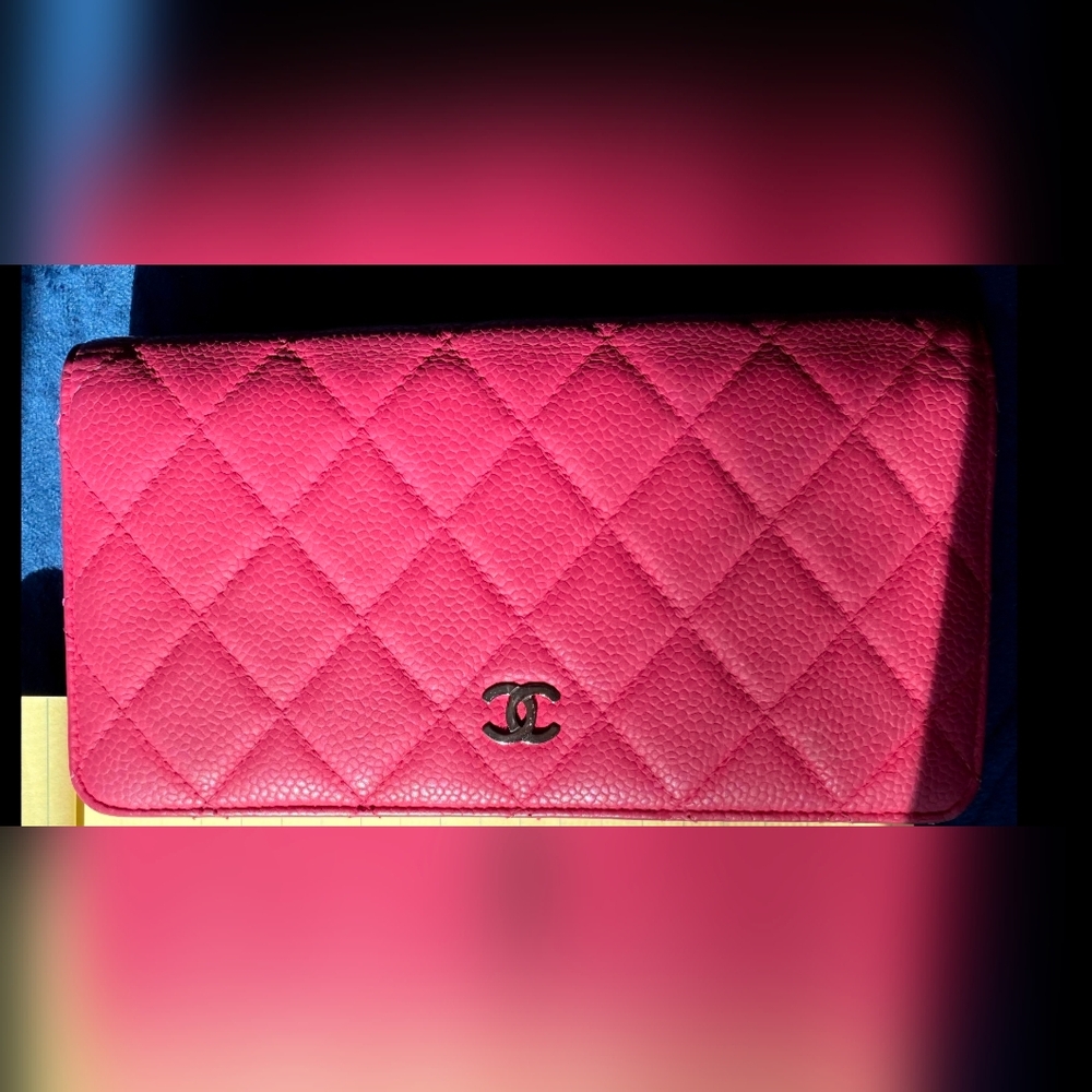 Pink Quilted Caviar Long Flap Wallet